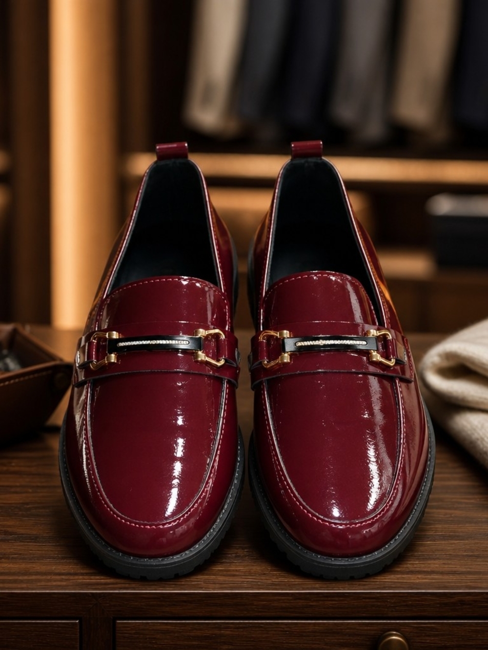 Burgundy Patent Loafers with Gold Rhinestone  Bit Women's Size 9/40